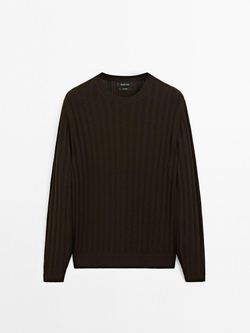 Massimo Dutti Свитер из рельефной ткани с круглым вырезом, пестро-коричневый