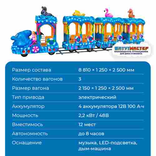 Аттракцион весёлый паровозик «Дельфинчик», 3 вагона, 12 мест
