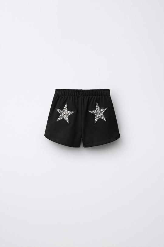 ZARA ШОРТЫ ИЗ МЯГКОЙ ТКАНИ С НАШИВКОЙ «ЗВЕЗДА», ЧЕРНЫЙ