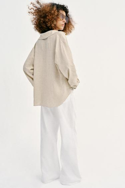 ZARA РУБАШКА ИЗ ЛЬНА С ОБЪЕМНЫМ НИЗОМ, СВЕТЛО-БЕЖЕВЫЙ