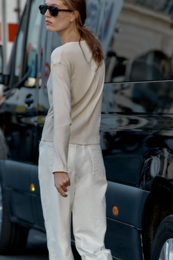 ZARA ФУТБОЛКА В РУБЧИК С ДЛИННЫМИ РУКАВАМИИ, ЭКРЮ