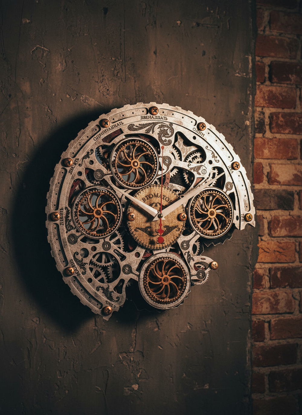 Часы WOODandROOT Automaton Bite 1682 в цвете старый металл на фоне кирпича и бетона, создающие индустриальный характер интерьера