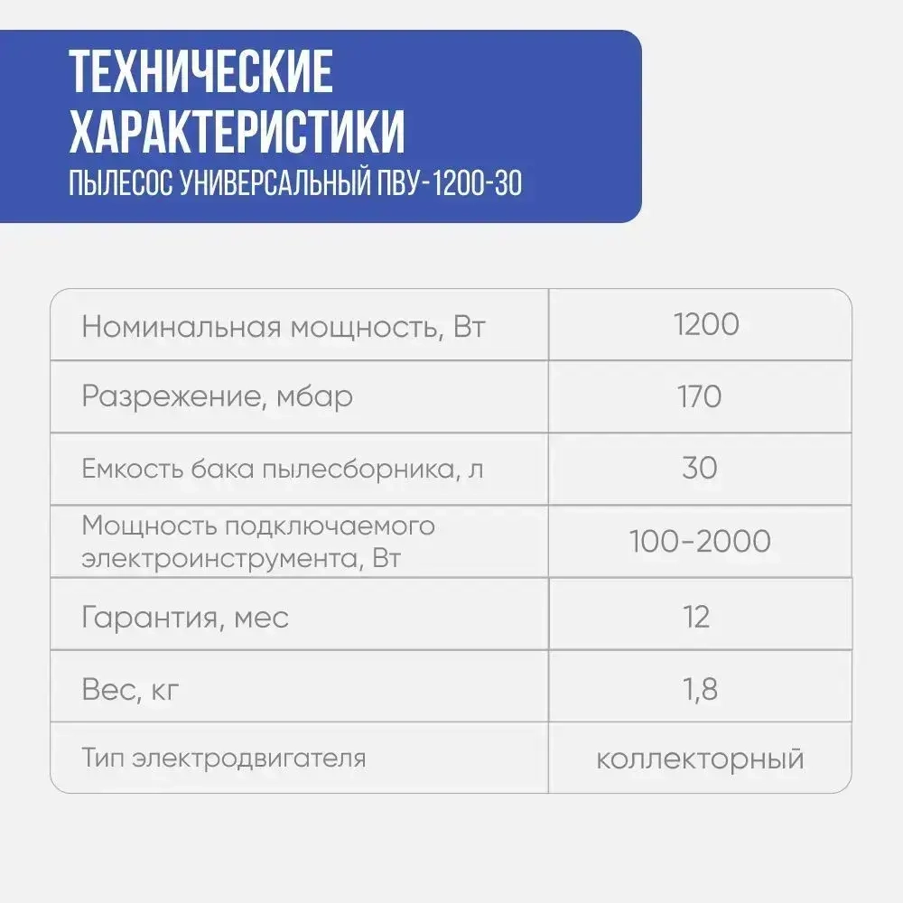 Пылесос строительный универсальный Диолд ПВУ-1200-30 вакуумный/1200Вт, 170 мбар, 30л, нержавейка.