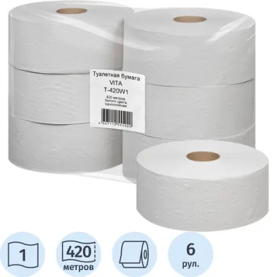 Бумага туалетная д/дисп 1сл белая втор втул 420м 6рул/уп_420W1