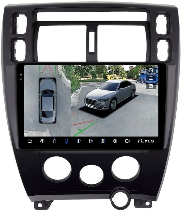Магнитола для Hyundai Tucson 1 2004-2009 (рамка черная) - Teyes CC3-2K-360 монитор 13" 2K QLED на Android 10, Быстрая, CarPlay, 4G SIM-слот, 4 камеры в комплекте