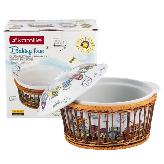 Кастрюля керамическая 1,8 л. с крышкой Kamille KM-6301 (24х21х12 см) в ротанговой корзинке