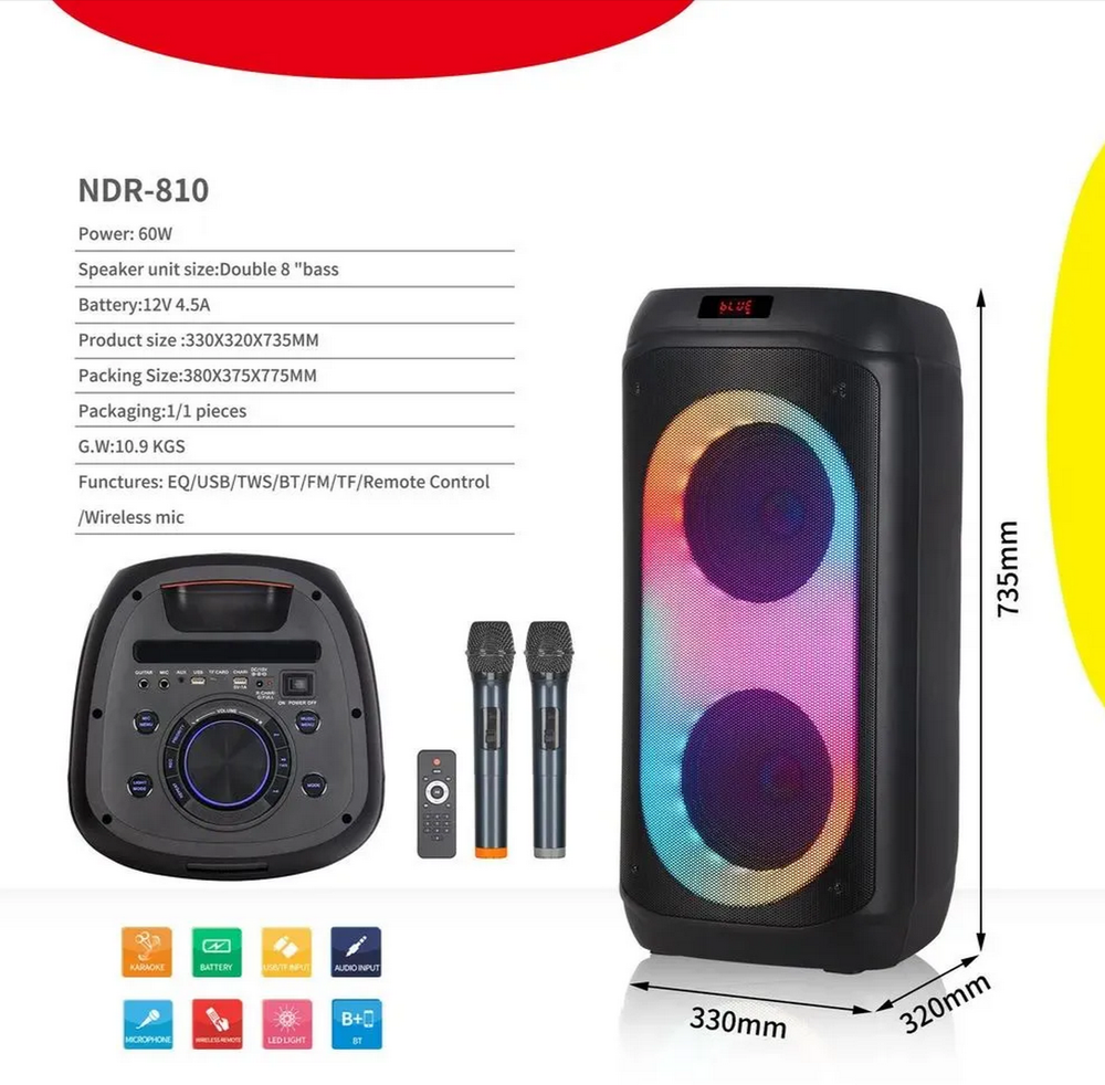 Напольная колонка BT-Speaker NDR-810 (8"6000W/2-микрофона)