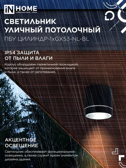 Светильник уличный потолочный ПБУ ЦИЛИНДР-1xGX53-NL-BL с подсветкой алюминиевый черный IP54 IN HOME