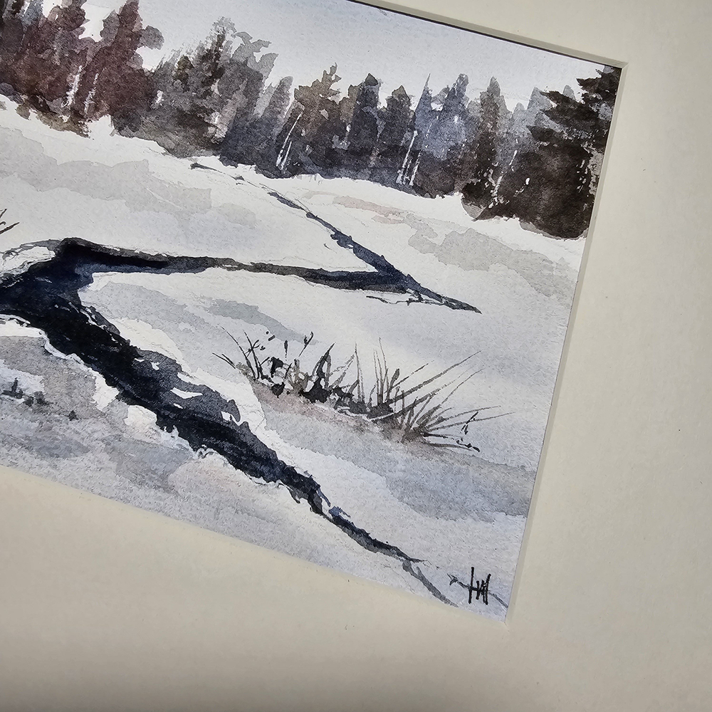 Картина авторская акварельная в паспарту 21х30 см на стену для интерьера "Зимний ручей"