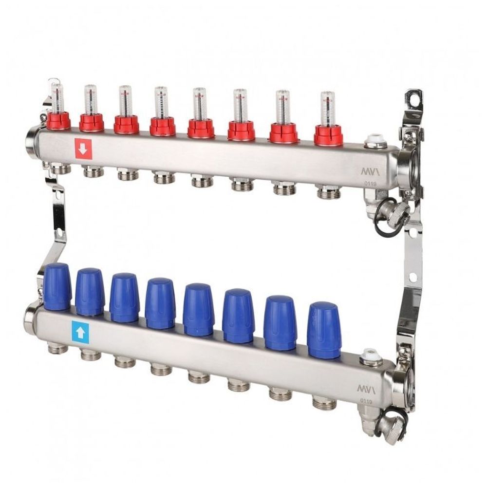 Блок коллекторный MVI из нержавеющей стали DN 25-8 выходов G 3/4, с расходомерами, с дренажным краном и воздухоотводчиком, евроконус, MS.708.06