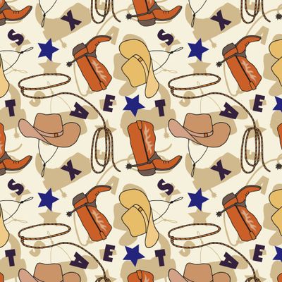 Seamless pattern of cowboy boots hat, rope lasso.