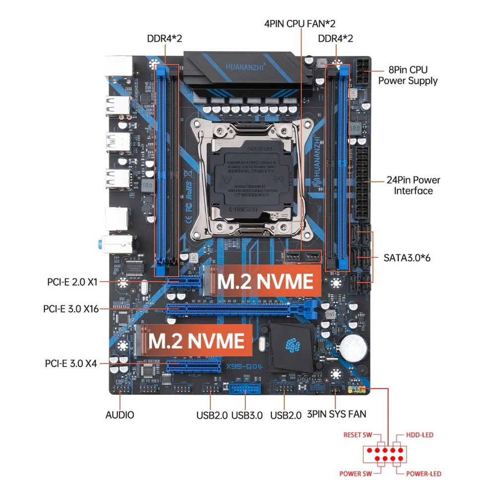 Материнская плата с процессором HUANANZHI X99-QD4 3.0, Socket2011-3, Xeon E5-2680v3, mATX, Retail, Socket2011-3, 4xDDR4, PCIe3.0, 3xM.2, GLAN, M.2 WiFi, 2xPS/2, 8xUSB2, 4xUSB3, CPU TDP 120Вт (HNZ-X99QD4-3.0-2680V3)