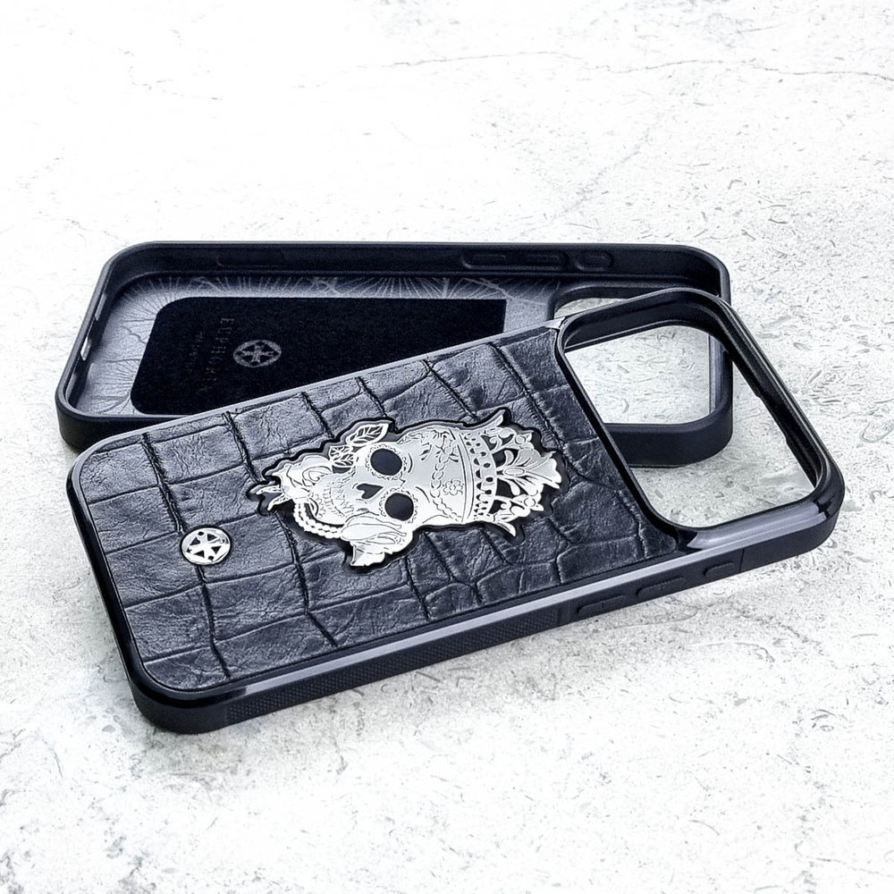 Эксклюзивный чехол iPhone с черепом Calavera Euphoria HM Premium - натуральная кожа  металл