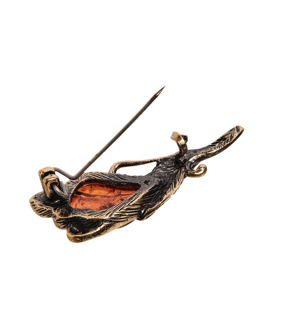 AM-2565 Брошь «Винтажный листик» (латунь, янтарь)