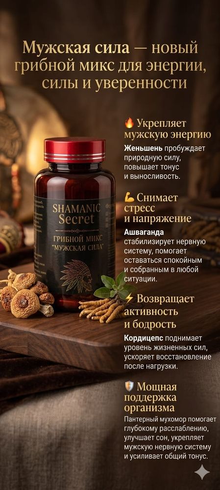 Грибной микс "Мужская сила" (пантерный мухомор, кордицепc, ашваганда, женьшень)