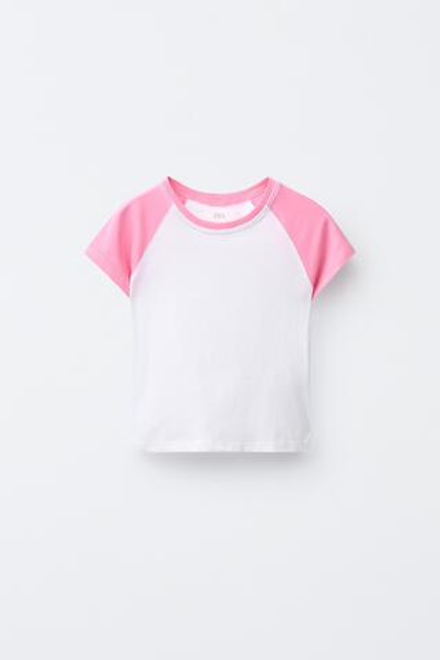 ZARA ФУТБОЛКА С РУКАВАМИ РЕГЛАН, РОЗОВЫЙ/БЕЛЫЙ