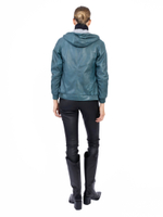 Женская кожаная куртка-бомбер бирюзовая с капюшоном