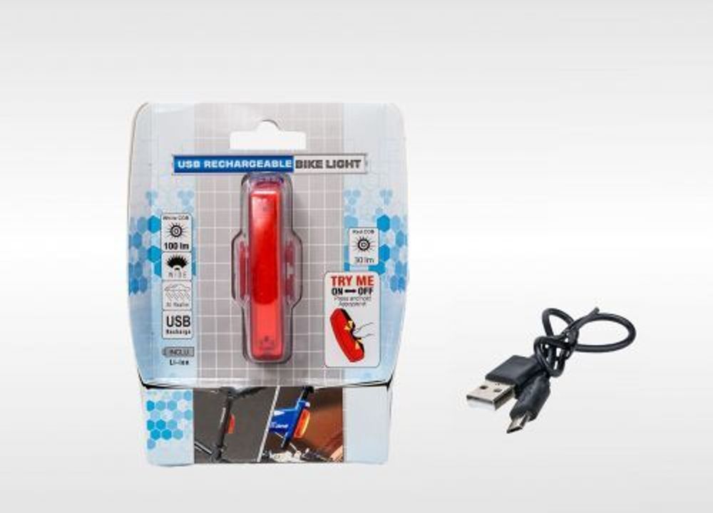 Фонарь задний Bike Light аккумуляторный, USB кабель, LED, 2 режима работы, влагозащищенный, блистер (УТ00018617)