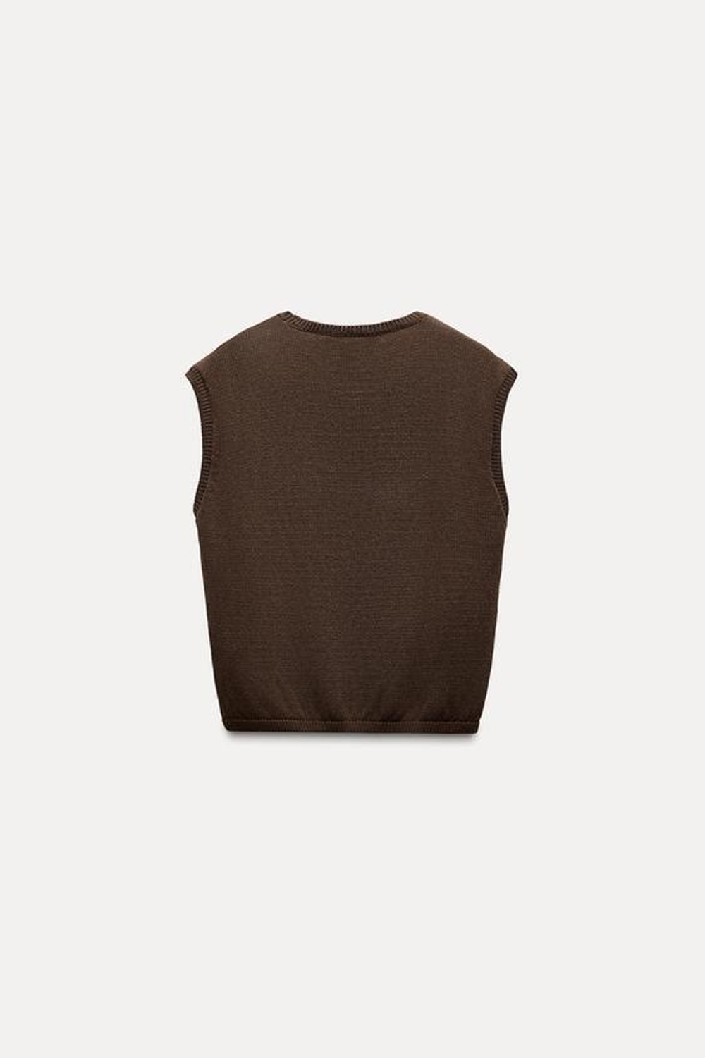 ZARA ОДНОТОННЫЙ ТРИКОТАЖНЫЙ ТОП БЕЗ РУКАВОВ, ШОКОЛАДНЫЙ