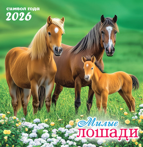 Календарь на скрепке (ПК) Символ года (фото). Милые лошади (семейное трио)