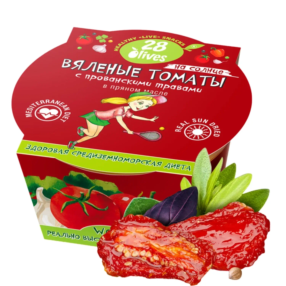 Вяленые томаты с прованскими травами в пряном масле 28Olives, 130 г, упаковка с томатом