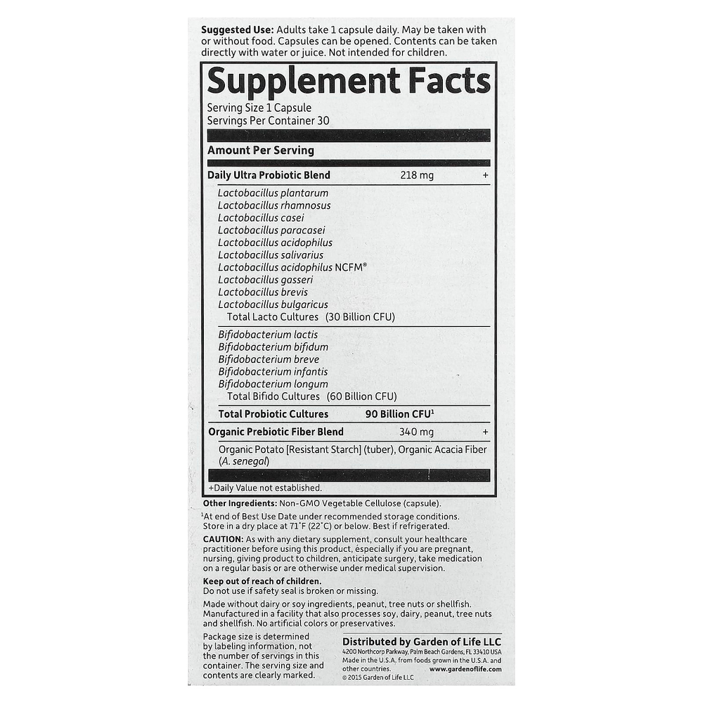 Garden of Life, Dr. Formulated Probiotics, пробиотики, для приема один раз в день, 90 млрд бактерий, 30 вегетарианских капсул