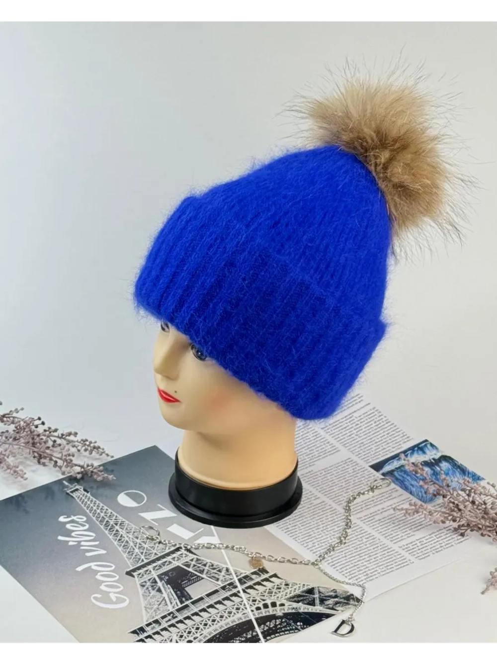 шапка ангора с меховым помпоном зимняя пушистая стильная