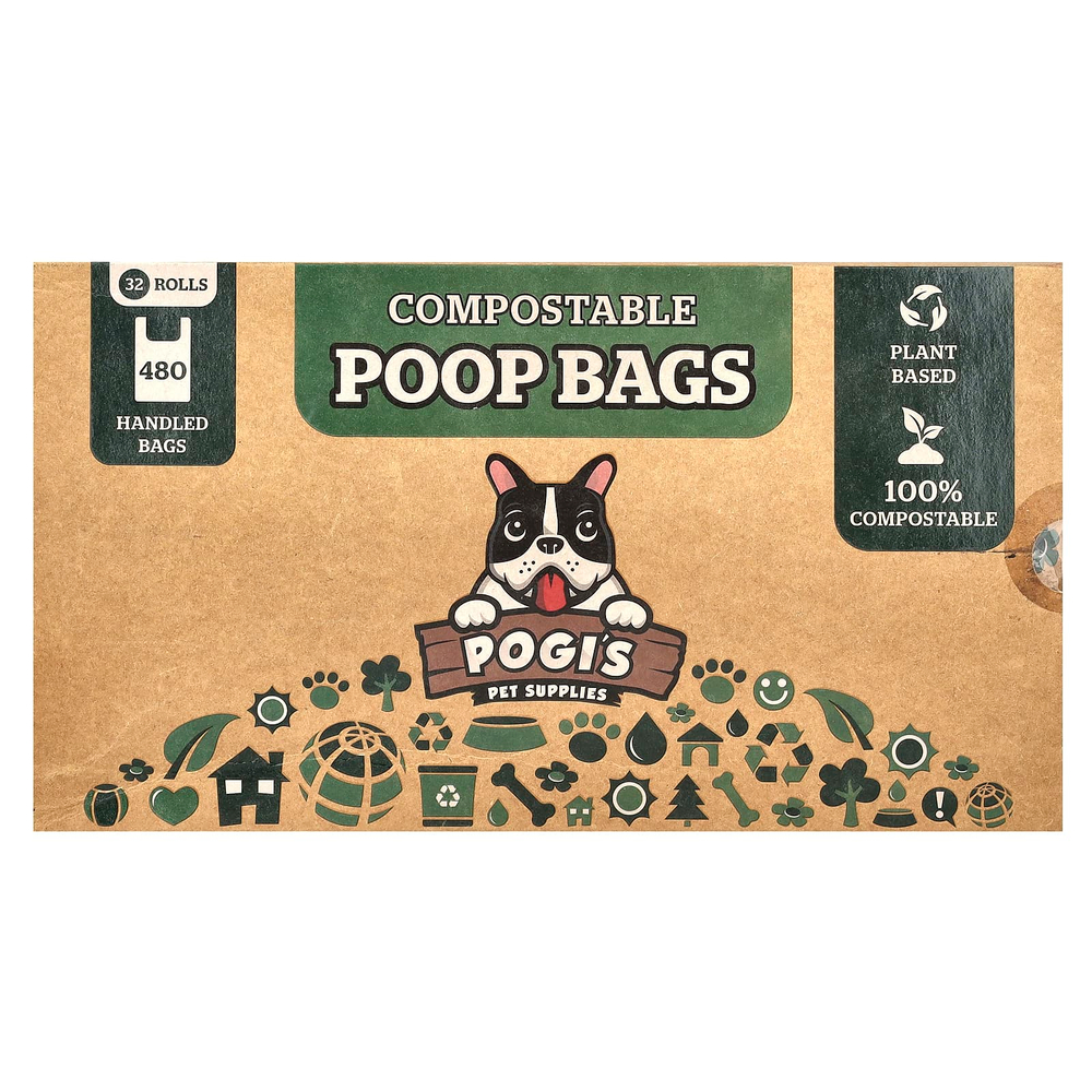 Pogi's Pet Supplies, Компостируемые пакеты из фекалий, 32 рулона, 480 пакетов с ручками