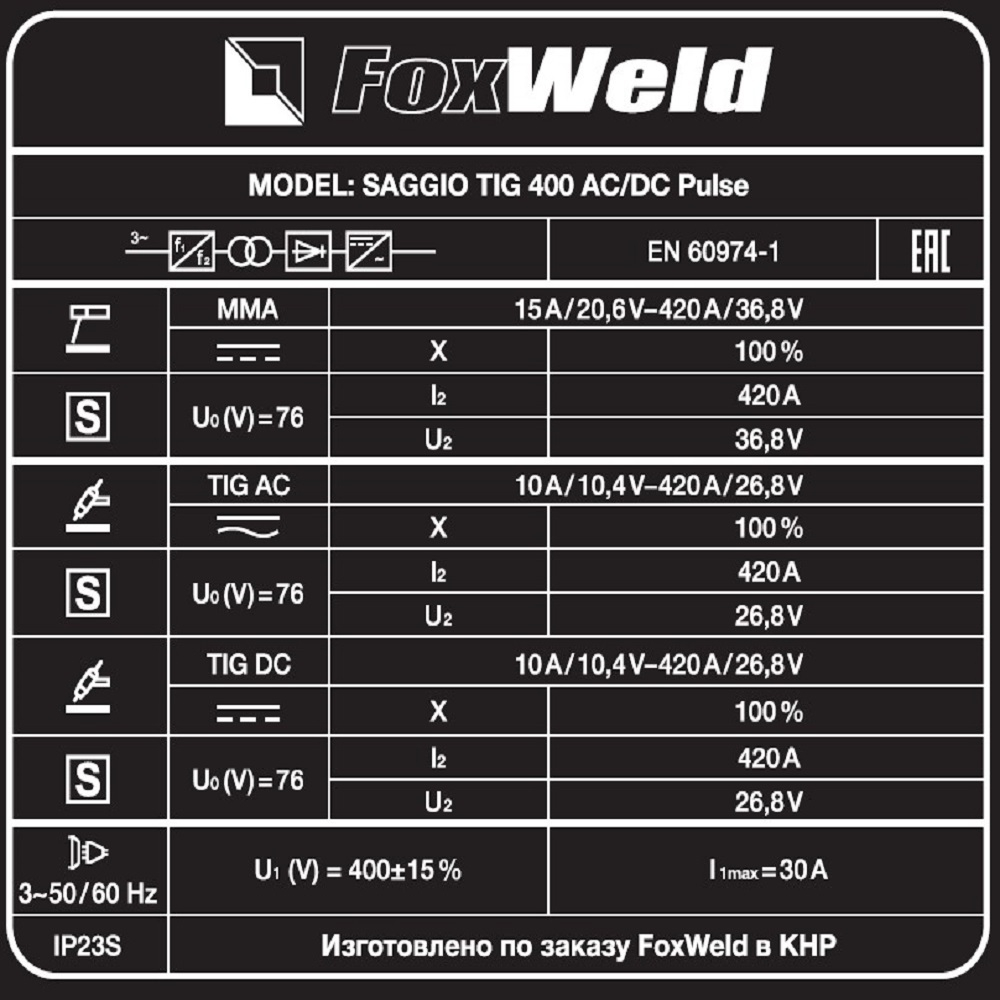 Аппарат аргонодуговой сварки FoxWeld SAGGIO TIG 400 AC/DC Pulse