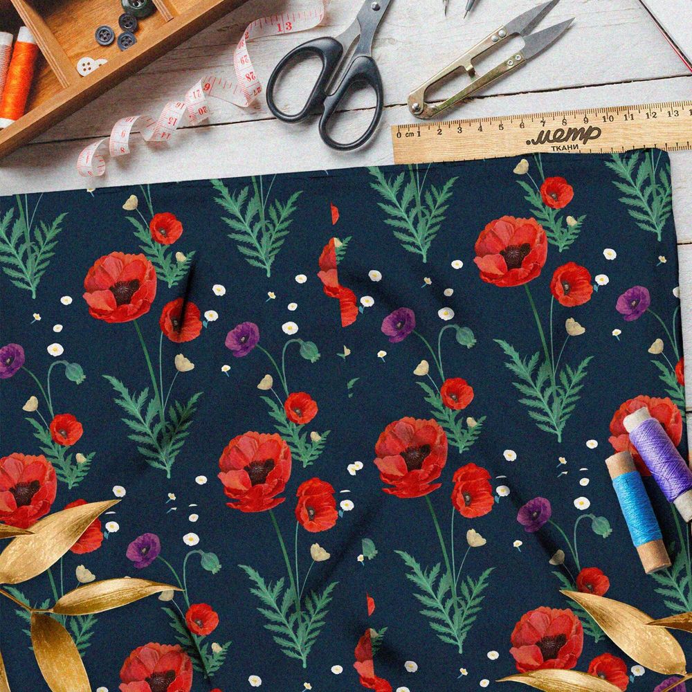 Ткань дюспо алые маки на тёмно-зелёном фоне