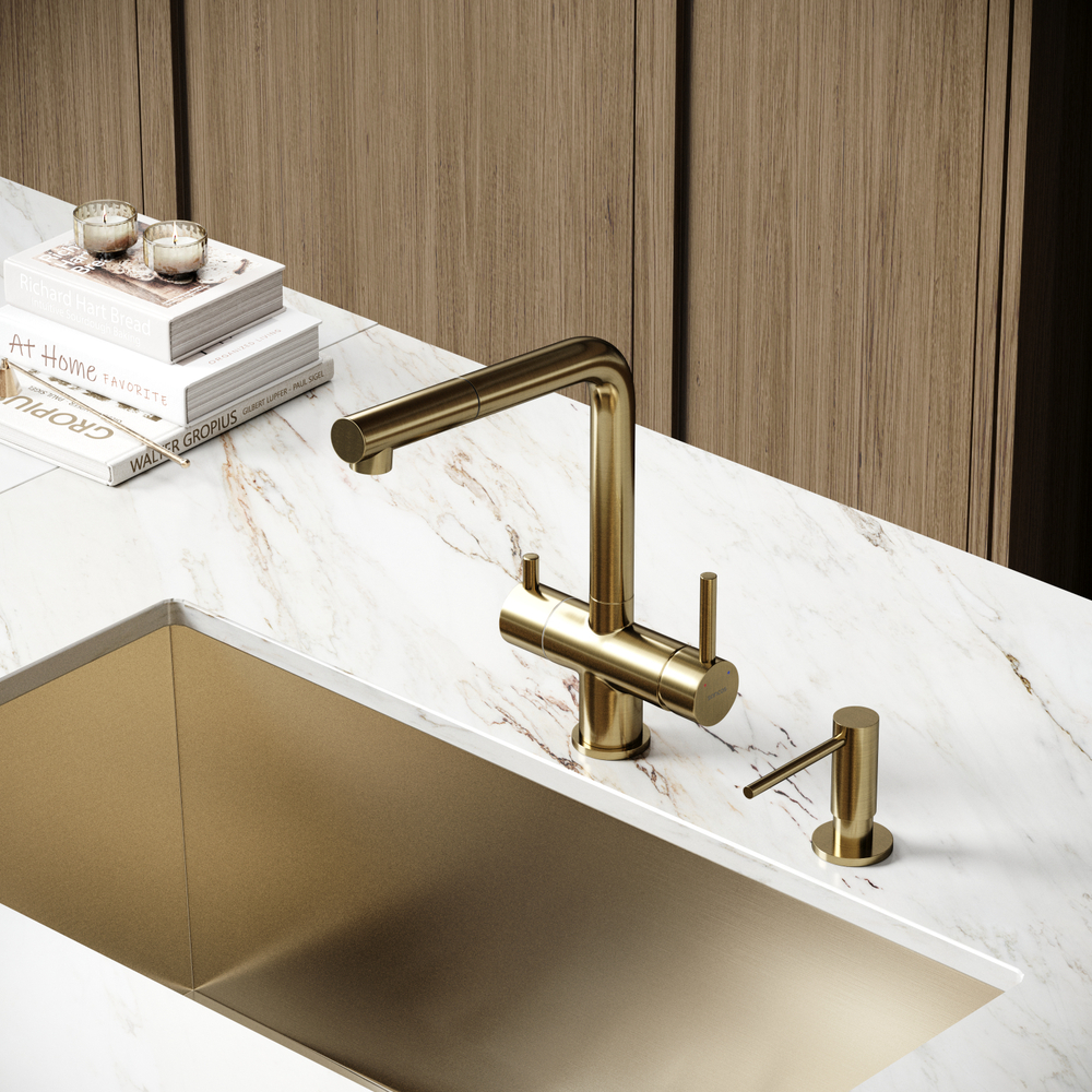 Смеситель для кухни Sancos Spin с вытяжным изливом, краном для фильтра, брашированное золото, SC4015BG