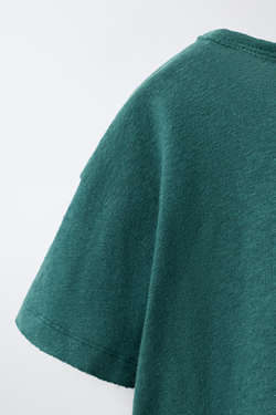 ZARA ФУТБОЛКА ИЗ ХЛОПКА И ЛЬНА, УТИНО-СИНИЙ