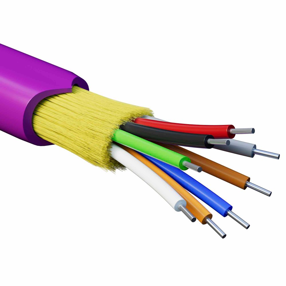 Кабель волоконно-оптический, распределительный, арамидные упрочняющие нити, для внутренней прокладки, нг(A)-HFLTx, 8 ОВ, категория OM4 (G.651.1) плотный буфер, 0,4 кН, барабан 500 м