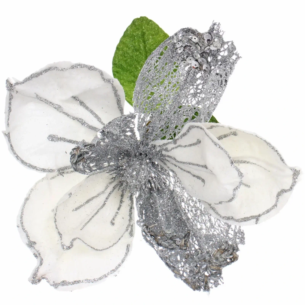 Украшение новогоднее «Пуансеттия - Рожедественская красавица» 23 см, Белый/Серебро