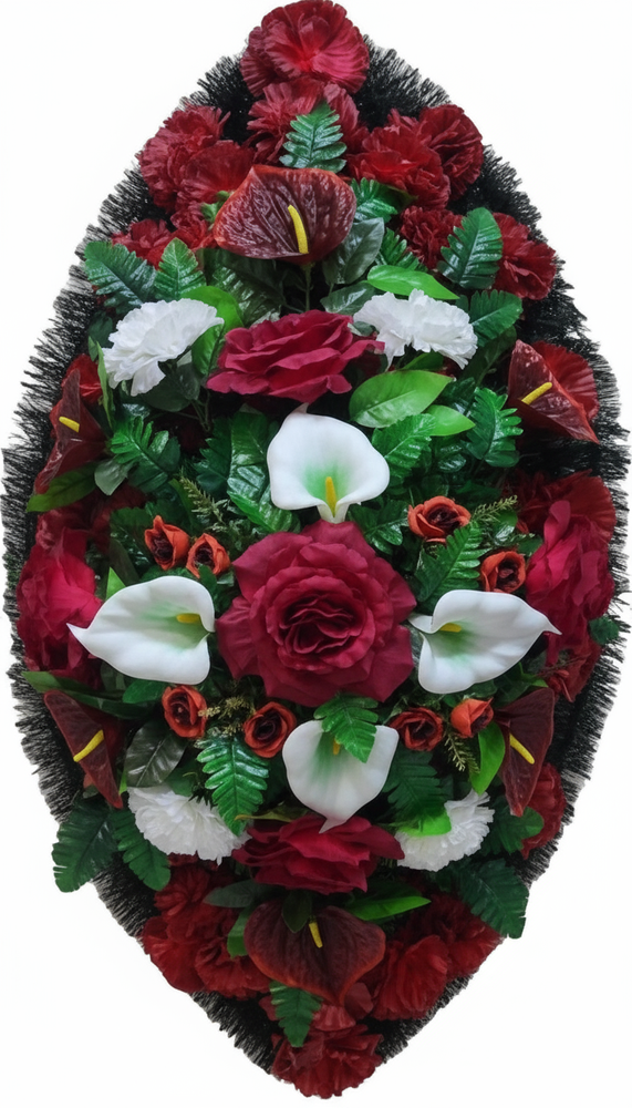 Ритуальный венок из бордовых роз, белых калл и антуриумов на темно-зеленой основе 180 см