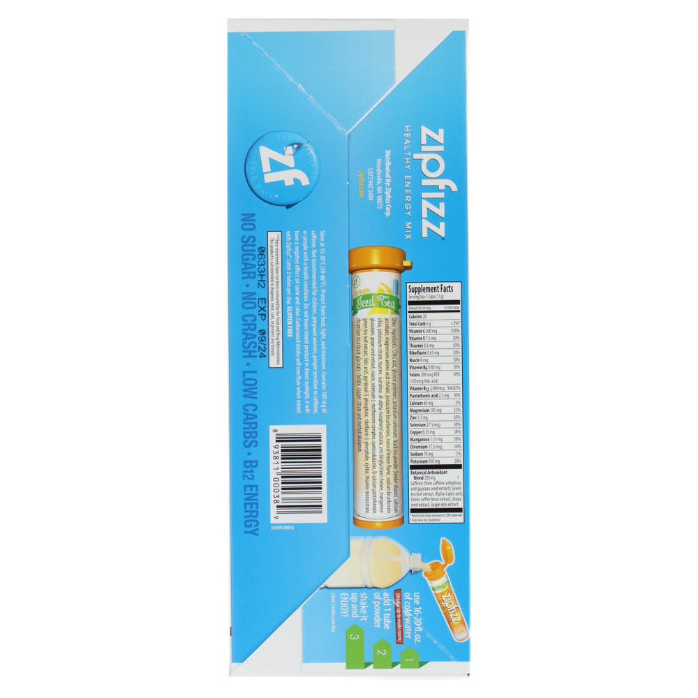 Zipfizz, чай со льдом, здоровая энергетическая смесь с витамином B12, со вкусом лимона, 20 тюбиков по 11 г (0,39 унции)