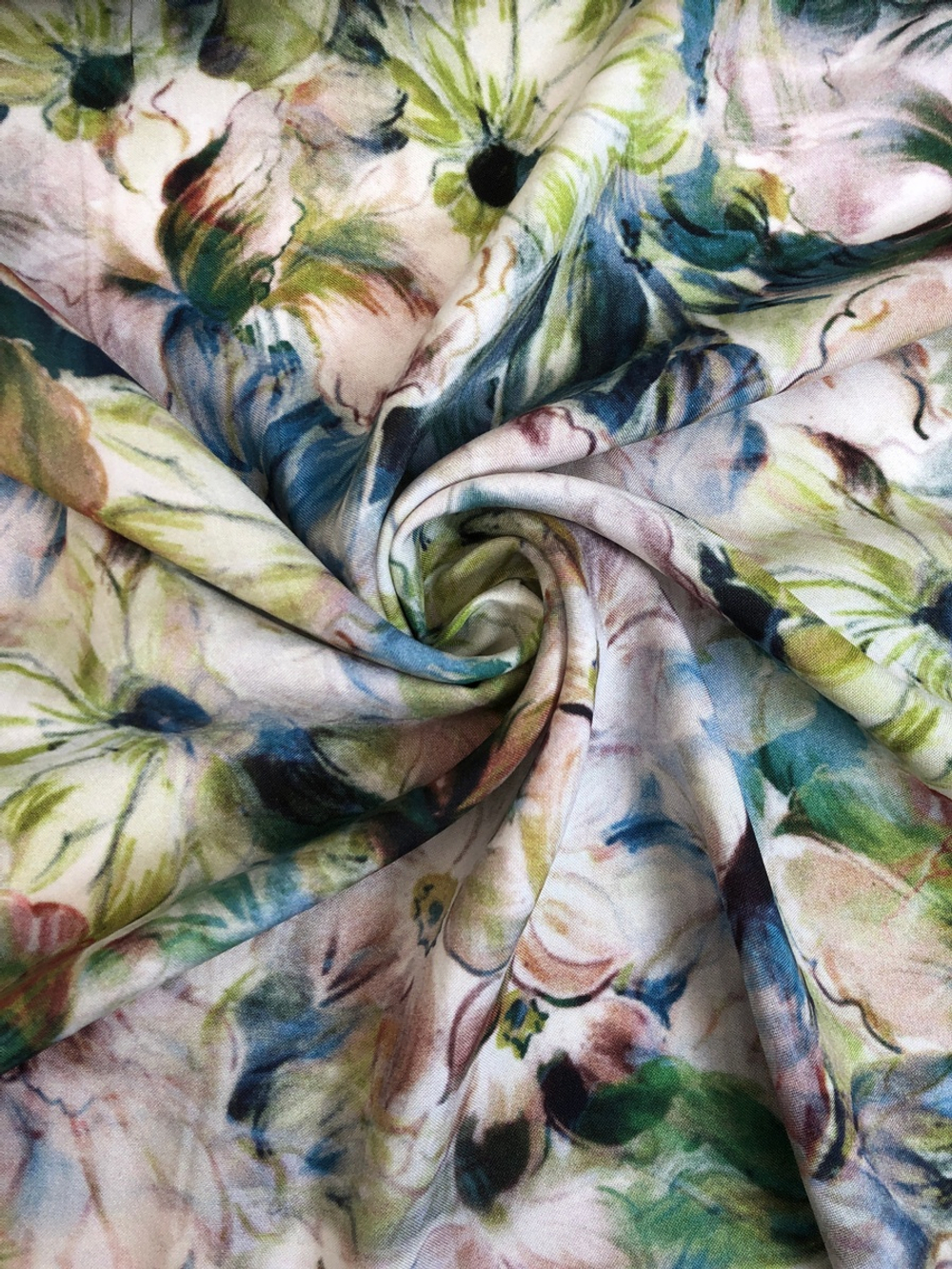 Штапель принт цветы акварель, оливка/синий/серый на молочном D12C1