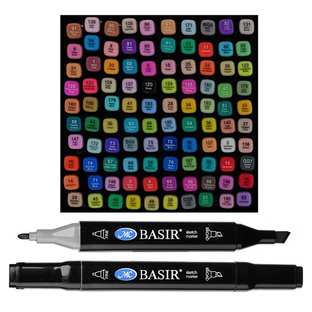 Маркер для скетчинга, двусторонние, Basir, на подставке, четырёхгранные, 14 мм, спиртовые, 100 шт