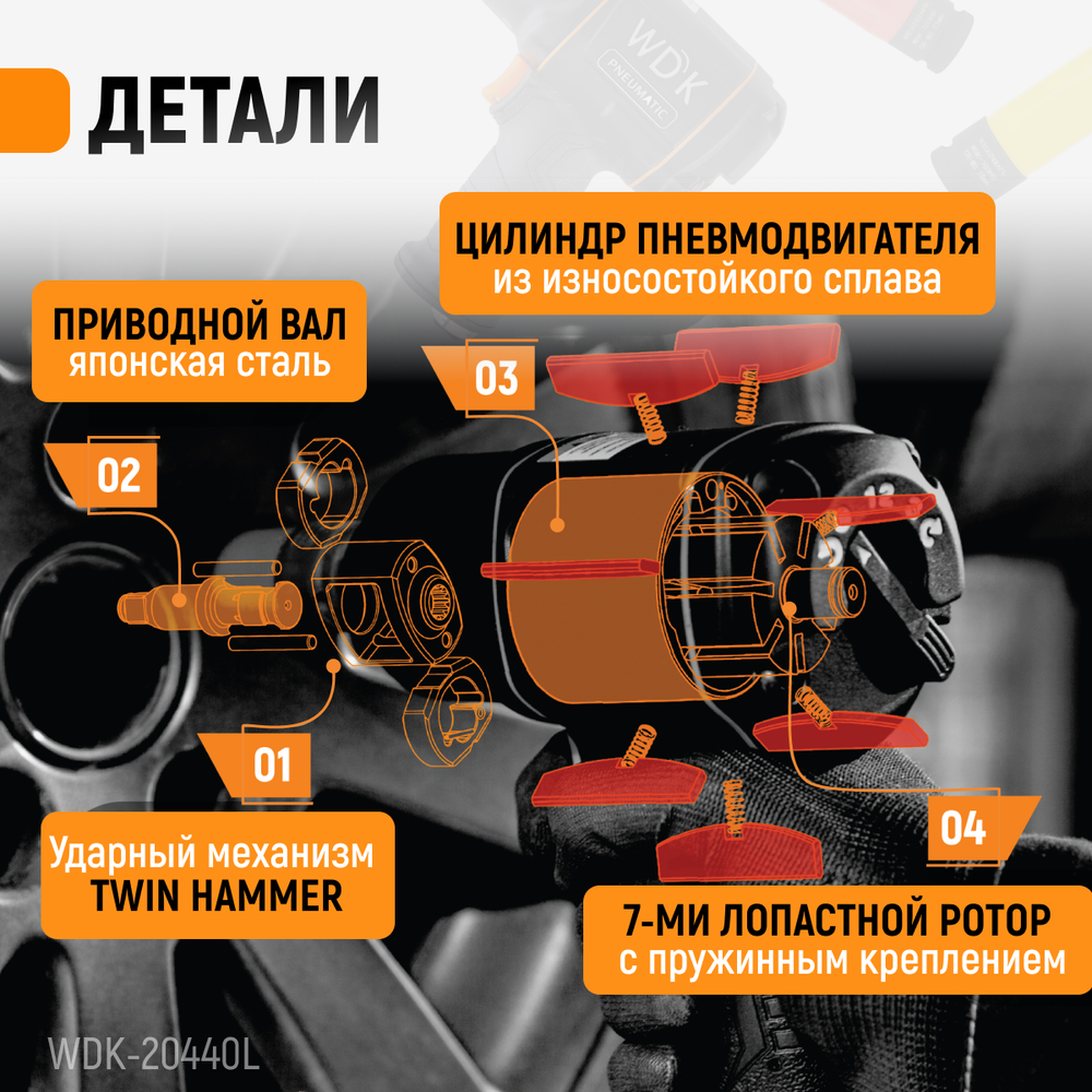 WDK-20440L Гайковерт пневматический ударный 1/2", 1360 Нм с набором ударных головок