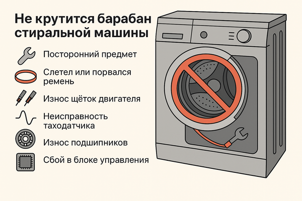 Почему не крутится барабан стиральной машины — причины и решения.
