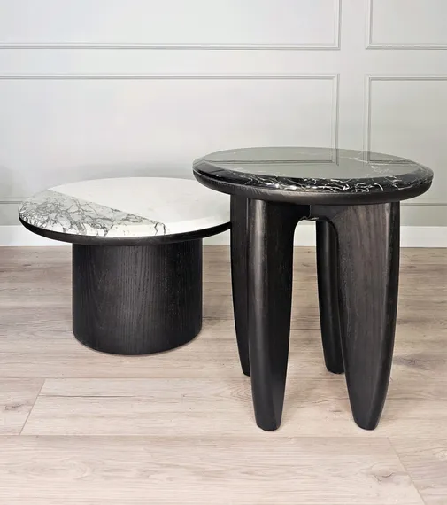 Журнальный столик SC-12, Ø50х48 см, черный мрамор, дерево