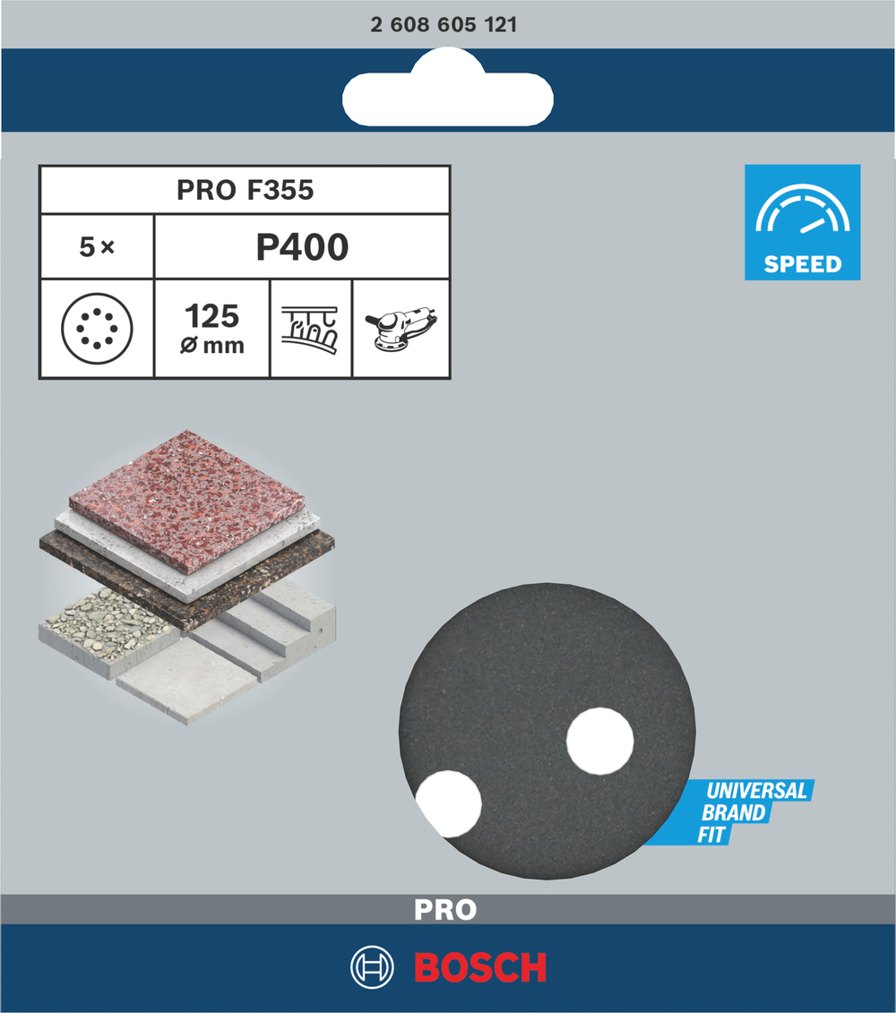 Шлифовальный диск PRO F355 125 мм G400, 5 шт. BOSCH 2608605121