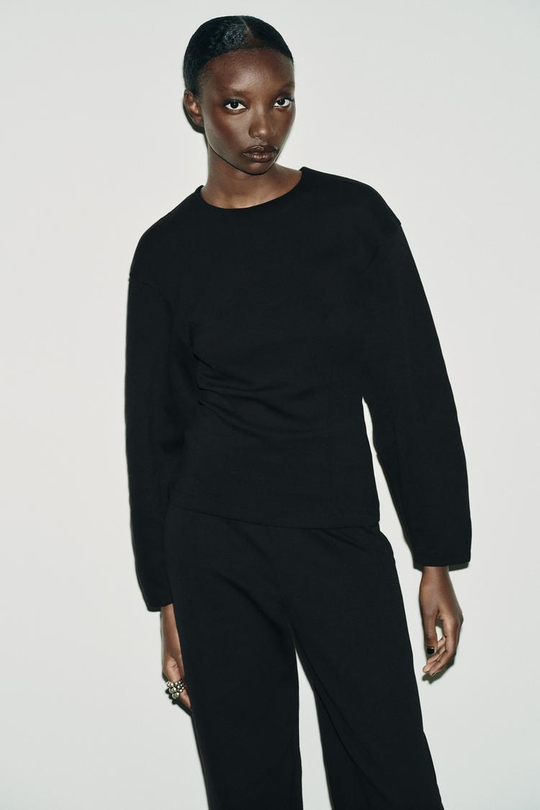 ZARA ТОП ИЗ ИНТЕРЛОКА СО СКЛАДКАМИ, ЧЕРНЫЙ