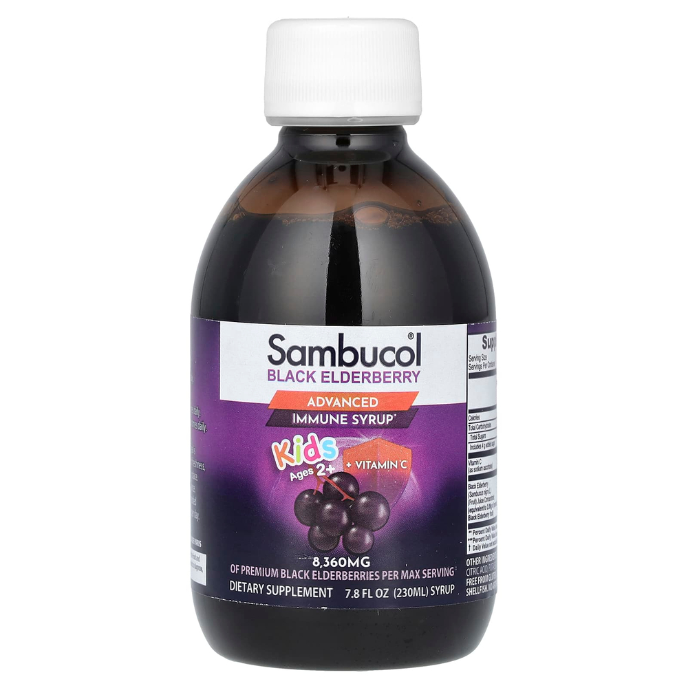 Sambucol, Kids, черная бузина, улучшенная формула сиропа для укрепления иммунитета, для детей от 2 лет, 8360 мг, 230 мл (7,8 жидк. унции)