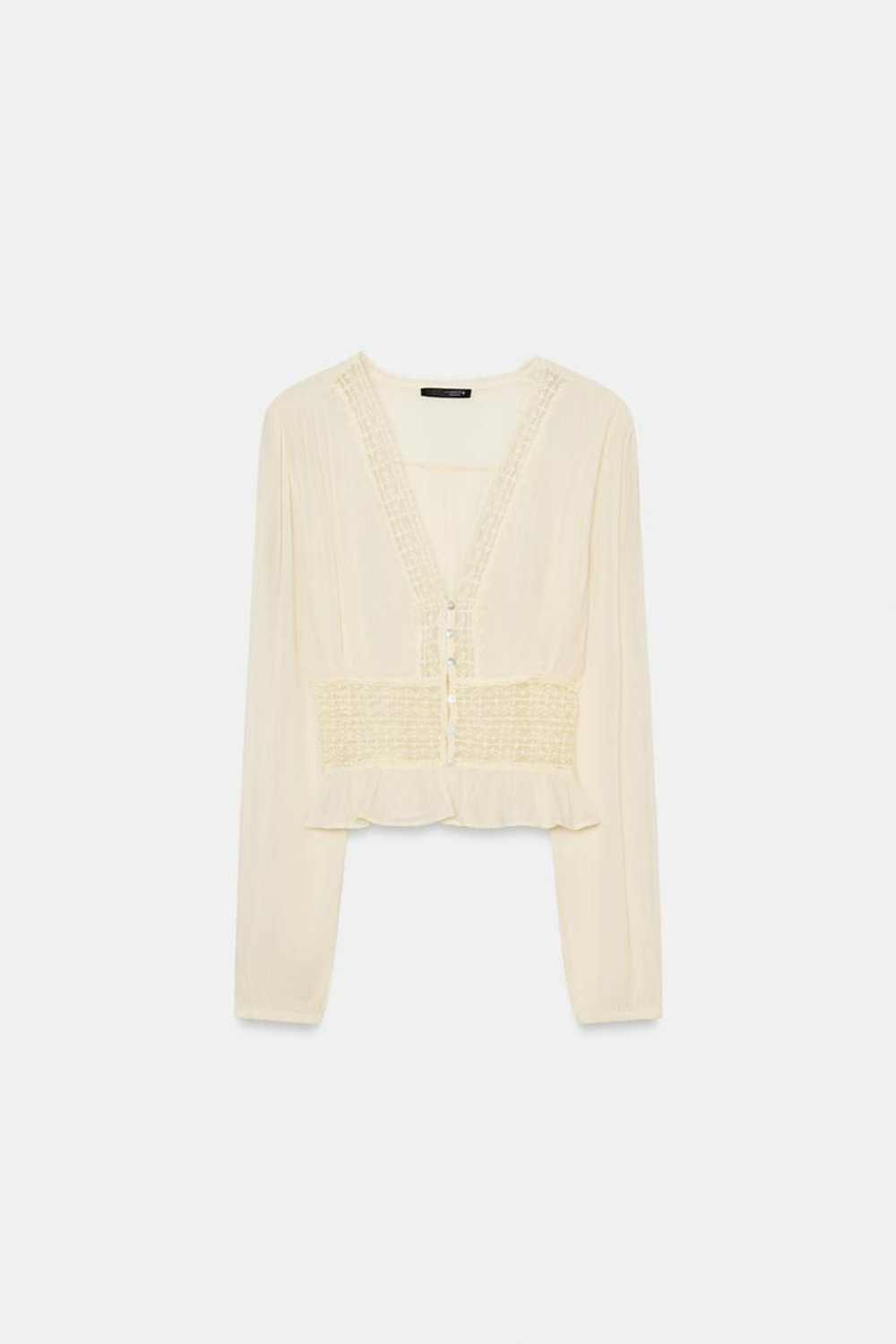 ZARA РУБАШКА ИЗ ШИФОНА С КРУЖЕВОМ, ВАНИЛЬНЫЙ