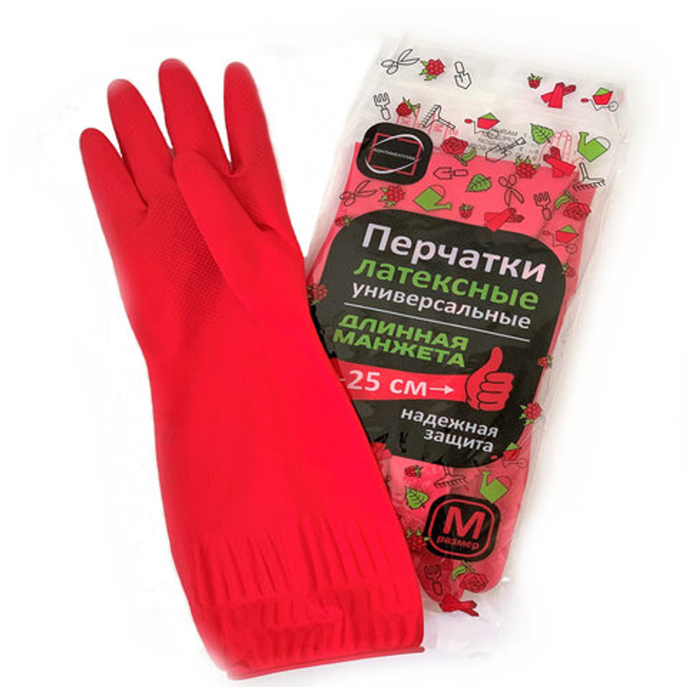 Перчатки МНОГОРАЗОВЫЕ латексные ДЛИННАЯ МАНЖЕТА 25 см КРАСНЫЕ, размер 7-8, M (средний), вес 80 г, КП