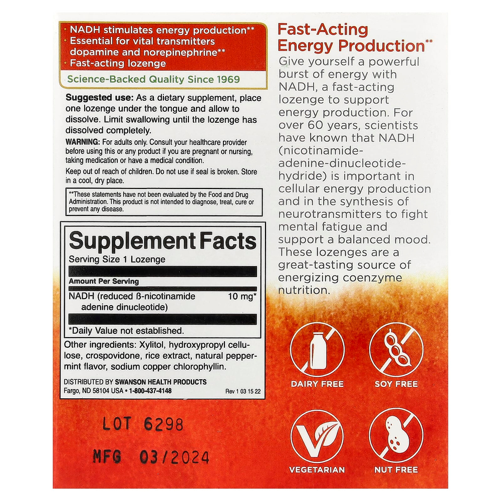 Swanson, NADH, перечная мята, 10 мг, 30 пастилок