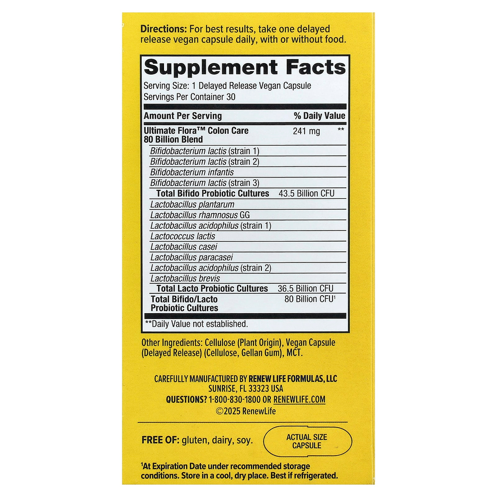 Renew Life, Ultimate Flora™, пробиотик для здоровья кишечника, 30 веганских капсул с отсроченным высвобождением