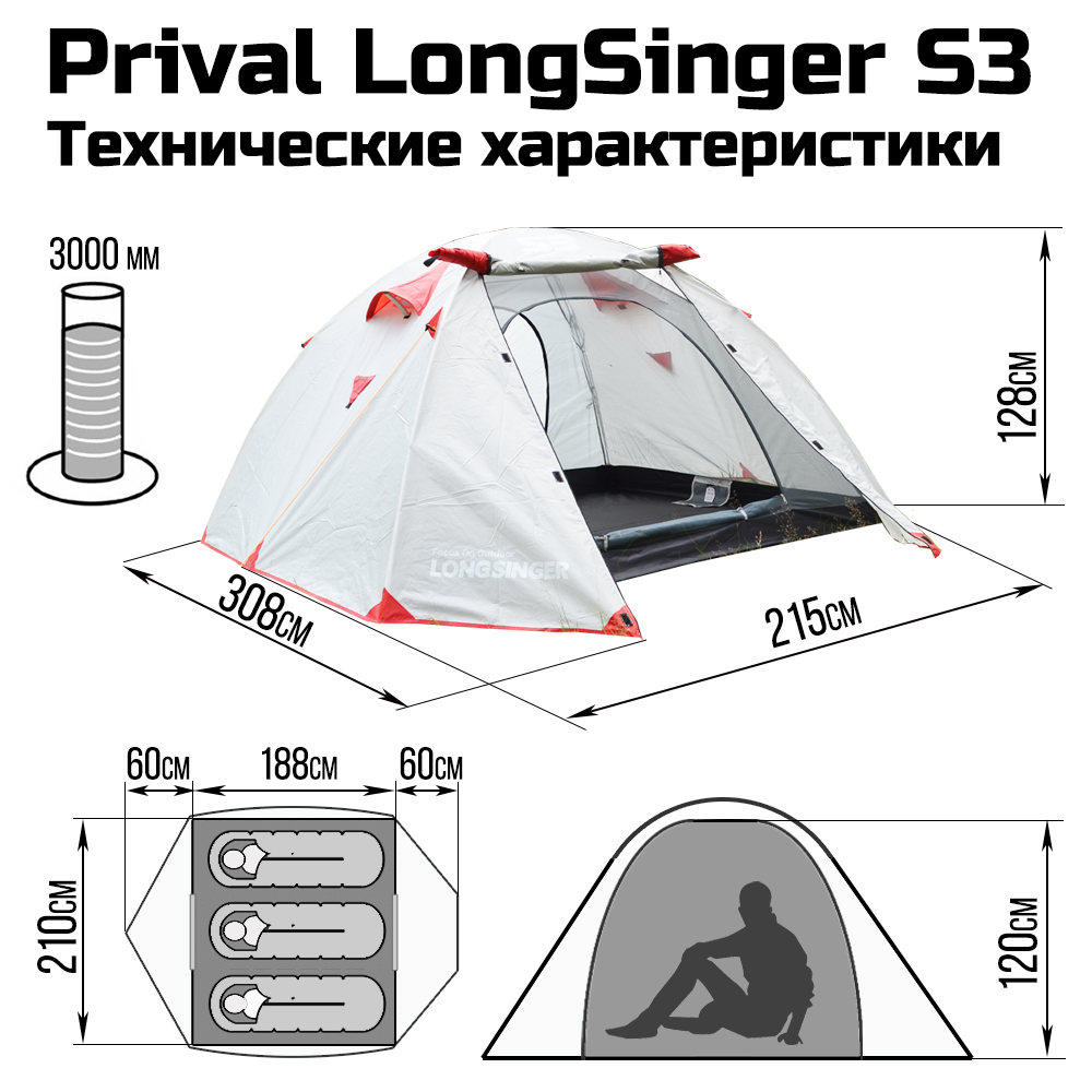 Палатка 3-местная трекинговая Prival LongSinger S3, голубой