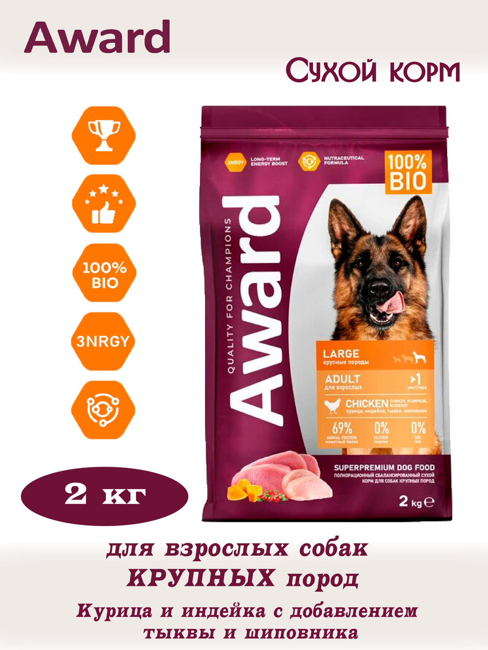 Сухой корм для взрослых собак крупных пород. Курица и тыква